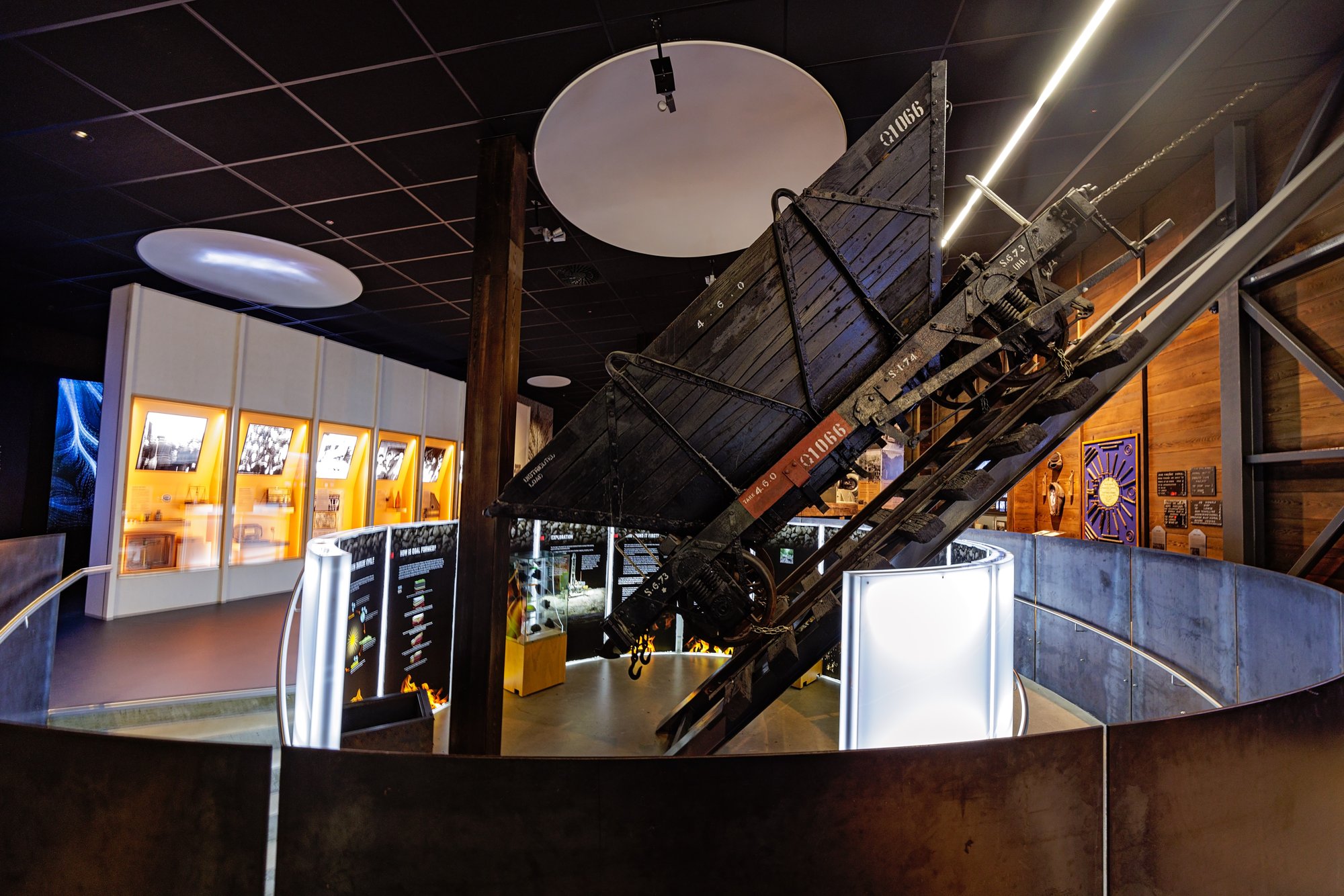 A historic coal wagon on an incline inside the Coaltown Museum, Westport.